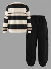 1 Set Digital Print Striped Multicolor Top & Brown Pants Boys Kids Long Sleeve Sweatshirt & Jogger Cargo Pants Outfit Casual Cool - Multicolor - View 3