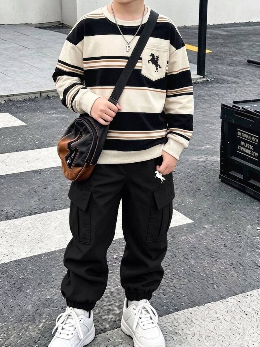 1 Set Digital Print Striped Multicolor Top & Brown Pants Boys Kids Long Sleeve Sweatshirt & Jogger Cargo Pants Outfit Casual Cool - Multicolor - View 1