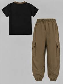 SHEIN Boys 2Pcs Outfit: Striped Horse Print Tee & Cargo Pants, Black Brown Contrast, Round Neck Short Sleeve - Multicolor - View 3