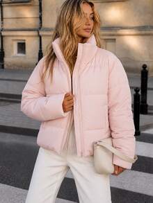 Pariaura Women's Pink Puffer Winter Coat, Stylish Outerwear - Pink - View 1
