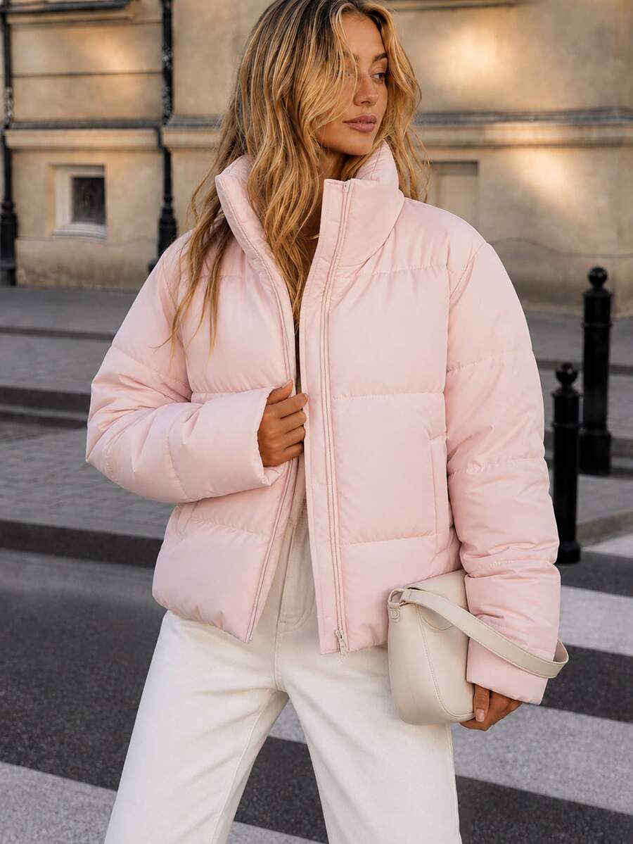 Pariaura Women's Pink Puffer Winter Coat, Stylish Outerwear - Pink - View 1