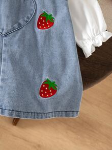 SHEIN Vintaside Kids 2件套女婴休闲可爱长袖衬衫和碎花装饰背带裤套装，适合春秋季日常穿着 - 白色 - 查看 4