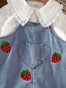 SHEIN Vintaside Kids 2件套女婴休闲可爱长袖衬衫和碎花装饰背带裤套装，适合春秋季日常穿着 - 白色 - 查看 5