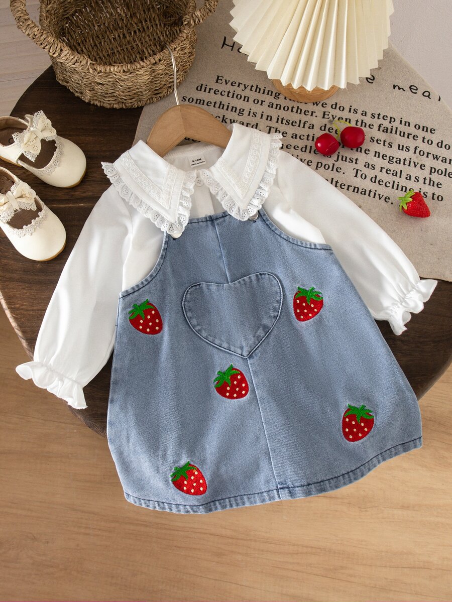 SHEIN Vintaside Kids 2件套女婴休闲可爱长袖衬衫和碎花装饰背带裤套装,适合春秋季日常穿着 - 白色 - 查看 1