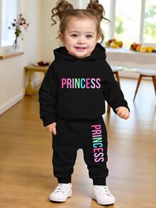 2pcs Baby Girl Casual Fashion Letter Print Fleece Hoodie Sweatshirt And Pants Set, Autumn/Winter;2pcs Colorful""Princess""Letter Graphic Cute Fall - Black - View 1