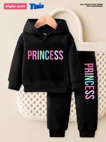 2pcs Baby Girl Casual Fashion Letter Print Fleece Hoodie Sweatshirt And Pants Set, Autumn/Winter;2pcs Colorful""Princess""Letter Graphic Cute Fall - Black - View 3