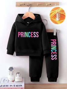 2pcs Baby Girl Casual Fashion Letter Print Fleece Hoodie Sweatshirt And Pants Set, Autumn/Winter;2pcs Colorful""Princess""Letter Graphic Cute Fall - Black - View 4
