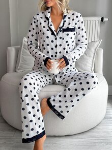 SHEIN Women's Grey With Navy Blue Polka Dot Long Sleeve Contrast Lace Trim Button Front Pajama Set - Grey - View 5