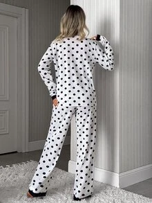SHEIN Women's Grey With Navy Blue Polka Dot Long Sleeve Contrast Lace Trim Button Front Pajama Set - Grey - View 2