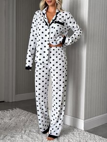 SHEIN Women's Grey With Navy Blue Polka Dot Long Sleeve Contrast Lace Trim Button Front Pajama Set - Grey - View 4