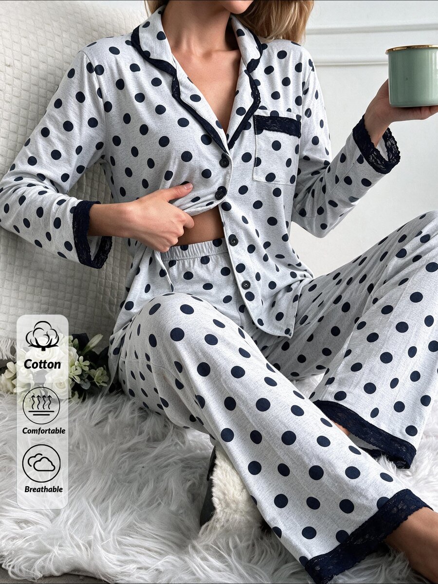 SHEIN Women's Grey With Navy Blue Polka Dot Long Sleeve Contrast Lace Trim Button Front Pajama Set - Grey - View 1
