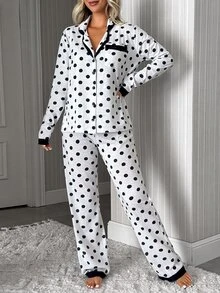 SHEIN Women's Grey With Navy Blue Polka Dot Long Sleeve Contrast Lace Trim Button Front Pajama Set - Grey - View 7