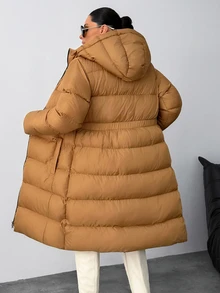Rafferiza Women Solid Color Regular Fit Pocket And Zipper Detailed Casual Style Long Winter Coats - Beige - View 2
