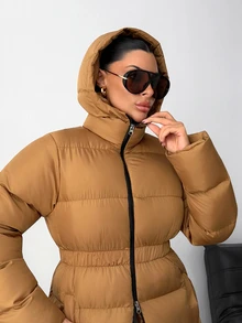 Rafferiza Women Solid Color Regular Fit Pocket And Zipper Detailed Casual Style Long Winter Coats - Beige - View 7