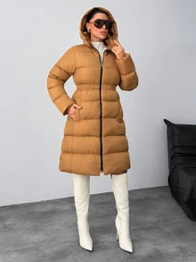 Rafferiza Women Solid Color Regular Fit Pocket And Zipper Detailed Casual Style Long Winter Coats - Beige - View 11