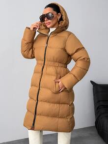 Rafferiza Women Solid Color Regular Fit Pocket And Zipper Detailed Casual Style Long Winter Coats - Beige - View 8