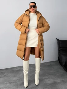 Rafferiza Women Solid Color Regular Fit Pocket And Zipper Detailed Casual Style Long Winter Coats - Beige - View 4
