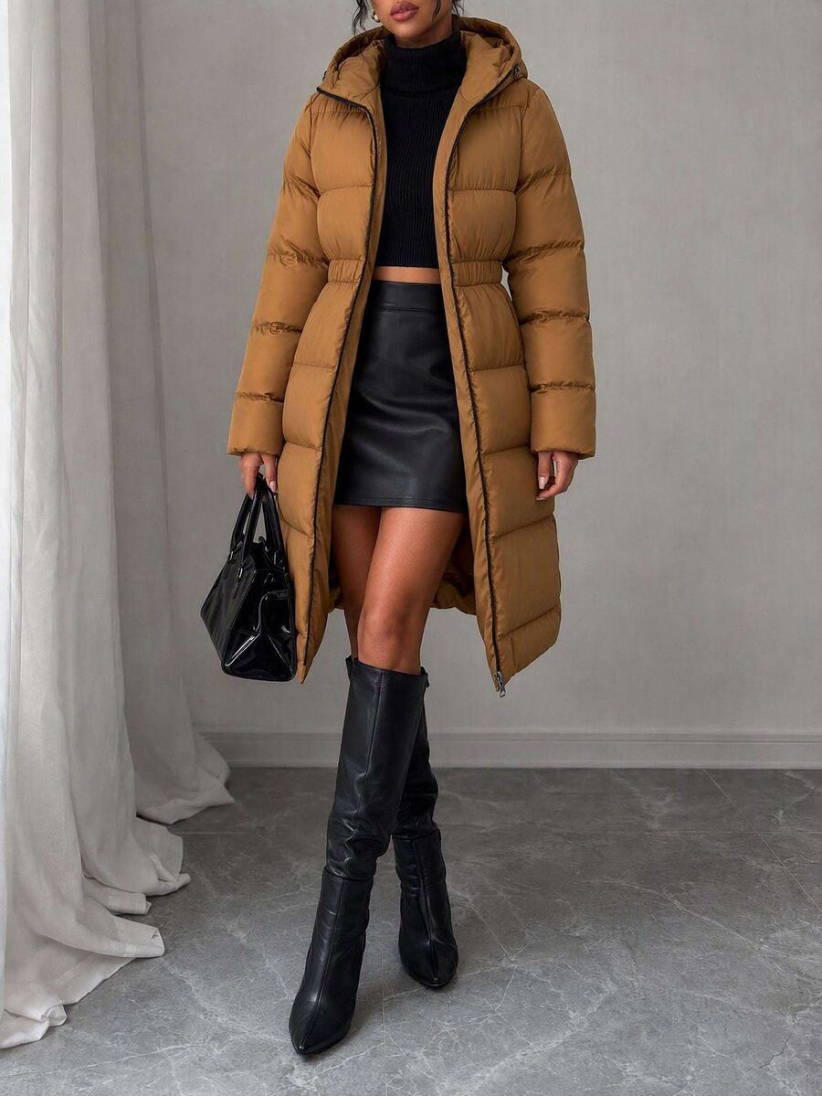 Rafferiza Women Solid Color Regular Fit Pocket And Zipper Detailed Casual Style Long Winter Coats - Beige - View 1
