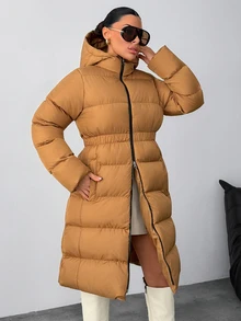 Rafferiza Women Solid Color Regular Fit Pocket And Zipper Detailed Casual Style Long Winter Coats - Beige - View 5