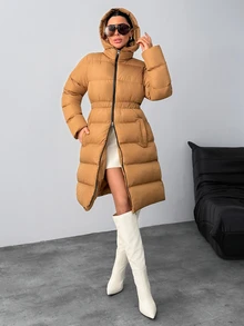 Rafferiza Women Solid Color Regular Fit Pocket And Zipper Detailed Casual Style Long Winter Coats - Beige - View 6