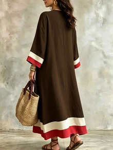 Linhara CURVE Plus Size Vacation Casual Racing Colorblock Navy Blue Dress Brunch Formal Autumn Fall - Coffee Brown - View 2