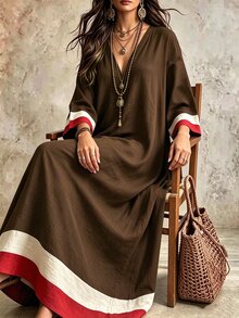 Linhara CURVE Plus Size Vacation Casual Racing Colorblock Navy Blue Dress Brunch Formal Autumn Fall - Coffee Brown - View 4