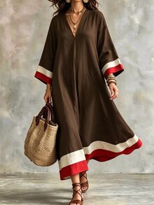 Linhara CURVE Plus Size Vacation Casual Racing Colorblock Navy Blue Dress Brunch Formal Autumn Fall - Coffee Brown - View 3