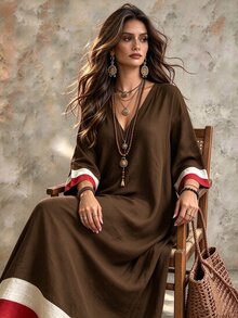 Linhara CURVE Plus Size Vacation Casual Racing Colorblock Navy Blue Dress Brunch Formal Autumn Fall - Coffee Brown - View 1