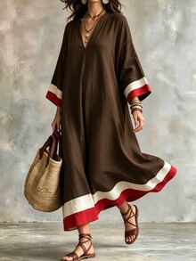 Linhara CURVE Plus Size Vacation Casual Racing Colorblock Navy Blue Dress Brunch Formal Autumn Fall - Coffee Brown - View 6
