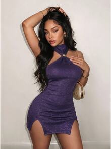 BamGleam European & American Party Purple Sequin Halter Neck Metal Buckle High Neck Sleeveless Backless Top With Ruched High Slit Bodycon Dress - Purple - View 10