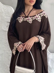 Yasmyna Elegant Modest Embroidered Applique Batwing Sleeve Arabian Dress Christening Guest Formal Brown Winter - Brown - View 6