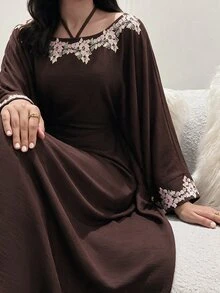 Yasmyna Elegant Modest Embroidered Applique Batwing Sleeve Arabian Dress Christening Guest Formal Brown Winter - Brown - View 4