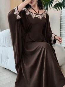Yasmyna Elegant Modest Embroidered Applique Batwing Sleeve Arabian Dress Christening Guest Formal Brown Winter - Brown - View 3