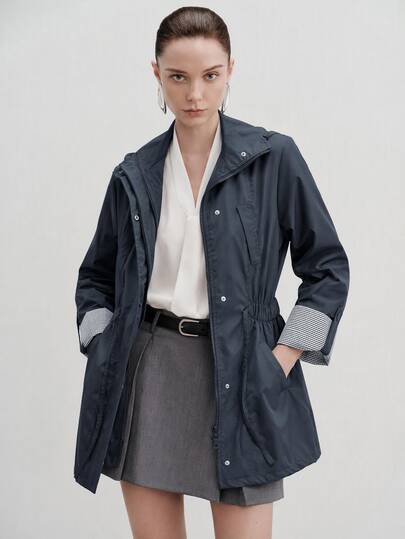 Aveloria Modichic Tall Roll Tab Sleeve Slant Pocket Casual Coat Everyday Travel Navy Blue Autumn Going Out Office