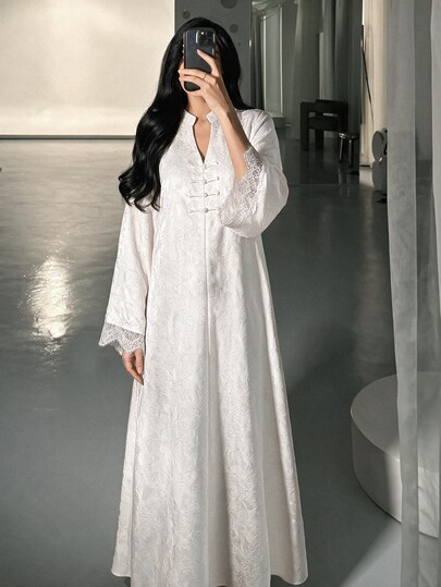 Yasmyna Elegant Modest Casual Long Dress, Flared Arabian-Style With Jacquard Trim And Lace Accents, Perfect For Fall Wear Formal Morning White Office Ninang