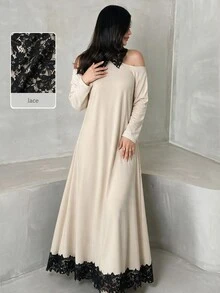 Yasmyna 女款露肩蕾絲下擺翻領阿拉伯風洋裝，黑色，適合家庭早晨、秋季、端莊優雅，Ninang婚禮晚宴穿著 - 杏色 - 查看 4