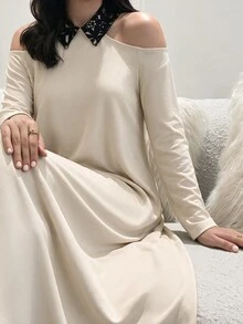 Yasmyna 女款露肩蕾絲下擺翻領阿拉伯風洋裝，黑色，適合家庭早晨、秋季、端莊優雅，Ninang婚禮晚宴穿著 - 杏色 - 查看 5