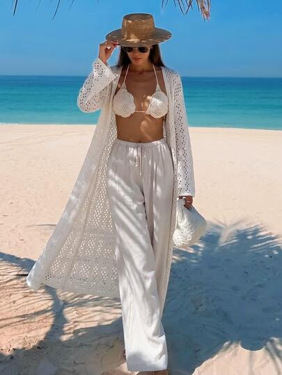 CLARA VERO Open Front Crochet Maxi Kimono, Loose Fit Perfect For Beach Vacation Cover Up, Lightweight Breathable 100 Cotton Boho Tropical White Summer