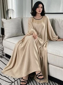 Yasmyna Women's Casual Daily Woven Solid Color Round Neck Metal Tassel Loose Arabic Batwing Sleeve Extra Long Dress Spring Autumn - Khaki - View 1