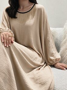 Yasmyna Women's Casual Daily Woven Solid Color Round Neck Metal Tassel Loose Arabic Batwing Sleeve Extra Long Dress Spring Autumn - Khaki - View 3