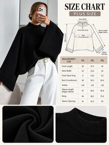 SHEIN Cottnline Damen Große Größen Schwarzer Fledermausärmel Langarm Strickpullover Lockerer Schnitt Minimalistisch Smart Streetwear Lässig Rippen Detail Formal Herbst Urlaub Büro - Schwarz - Übersicht 9