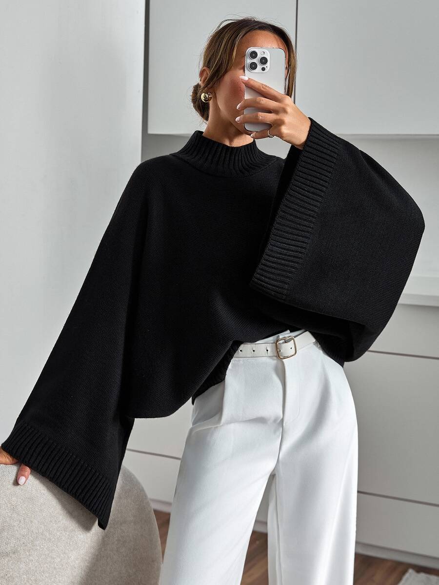SHEIN Cottnline Damen Große Größen Schwarzer Fledermausärmel Langarm Strickpullover Lockerer Schnitt Minimalistisch Smart Streetwear Lässig Rippen Detail Formal Herbst Urlaub Büro