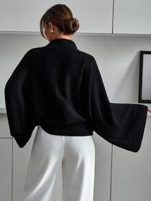 SHEIN Cottnline Damen Große Größen Schwarzer Fledermausärmel Langarm Strickpullover Lockerer Schnitt Minimalistisch Smart Streetwear Lässig Rippen Detail Formal Herbst Urlaub Büro - Schwarz - Übersicht 3