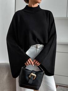 SHEIN Cottnline Damen Große Größen Schwarzer Fledermausärmel Langarm Strickpullover Lockerer Schnitt Minimalistisch Smart Streetwear Lässig Rippen Detail Formal Herbst Urlaub Büro - Schwarz - Übersicht 4