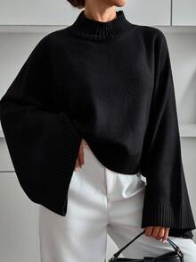 SHEIN Cottnline Damen Große Größen Schwarzer Fledermausärmel Langarm Strickpullover Lockerer Schnitt Minimalistisch Smart Streetwear Lässig Rippen Detail Formal Herbst Urlaub Büro - Schwarz - Übersicht 7
