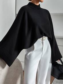 SHEIN Cottnline Damen Große Größen Schwarzer Fledermausärmel Langarm Strickpullover Lockerer Schnitt Minimalistisch Smart Streetwear Lässig Rippen Detail Formal Herbst Urlaub Büro - Schwarz - Übersicht 5