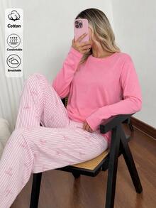 SHEIN طقم بيجامة للنساء مقاس كبير بلون وردي سادة و بنطال بطبعة فيونكة مخططة - وردي - مشاهدة 5