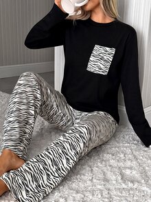 SHEIN Plus Size Zebra Print Pajama Set With Pocket Detail Top For Women - Black and White - View 5