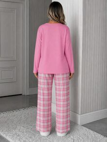 SHEIN Plus Size Pink Letter Print Long Sleeve Lounge Set With Plaid Pants Pajama Night Bridal - Pink - View 3