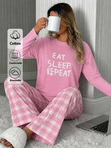 SHEIN Plus Size Pink Letter Print Long Sleeve Lounge Set With Plaid Pants Pajama Night Bridal - Pink - View 2